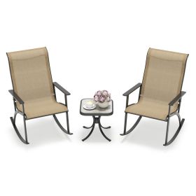 Heavy-Duty Rocking Bistro Chairs and Table Set with High Backrest and Wood-Plastic Tabletop
