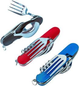 6-in-1 Multi-Function Camping Utensil Flatware Set Detachable Spoon Fork Knife Combo Mess Kit with Carrying Pouch (Color: Black + Blue + Red)