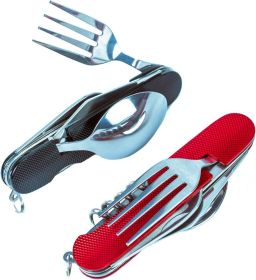 6-in-1 Multi-Function Camping Utensil Flatware Set Detachable Spoon Fork Knife Combo Mess Kit with Carrying Pouch (Color: Red + Black)