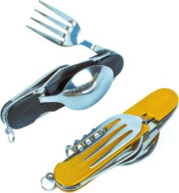 6-in-1 Multi-Function Camping Utensil Flatware Set Detachable Spoon Fork Knife Combo Mess Kit with Carrying Pouch (Color: Gold + Black)