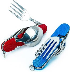 6-in-1 Multi-Function Camping Utensil Flatware Set Detachable Spoon Fork Knife Combo Mess Kit with Carrying Pouch (Color: Blue + Red)