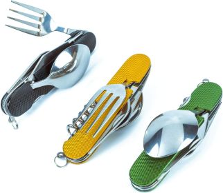 6-in-1 Multi-Function Camping Utensil Flatware Set Detachable Spoon Fork Knife Combo Mess Kit with Carrying Pouch (Color: Black + Gold + Green)