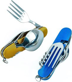 6-in-1 Multi-Function Camping Utensil Flatware Set Detachable Spoon Fork Knife Combo Mess Kit with Carrying Pouch (Color: Gold + Blue)