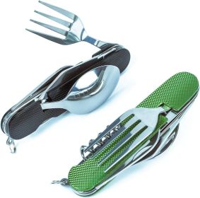 6-in-1 Multi-Function Camping Utensil Flatware Set Detachable Spoon Fork Knife Combo Mess Kit with Carrying Pouch (Color: Black + Green)