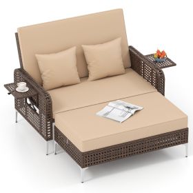 2 Piece Patio Rattan Daybed Wicker Loveseat and Ottoman with Adjustable Backrest (Color: Beige)